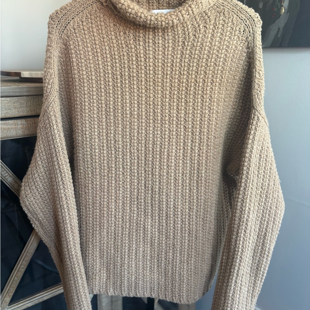 Brass Wool Blend Cozy Oversized Loose Turtleneck Tan Sweater